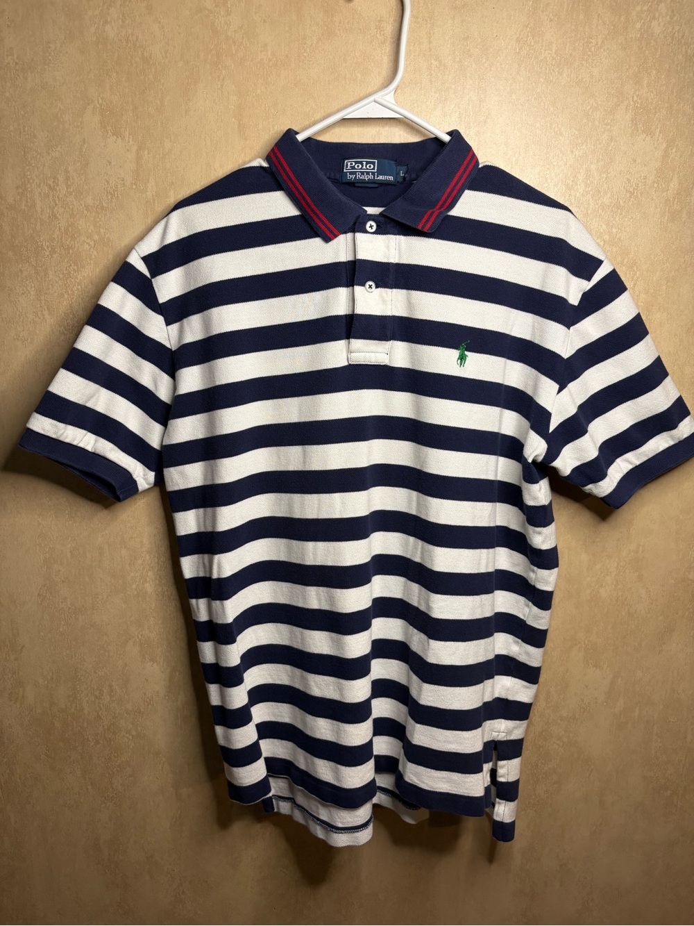 Vintage Polo Ralph Lauren Men's Navy & White Striped Short-Sleeve Polo